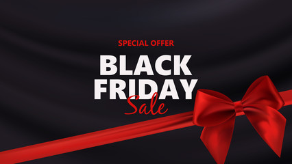 Black friday sale typographical background with photorealistic bow and place for text. Vector illustration.
