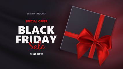 Black friday sale typographical background with photorealistic bow and place for text. Vector illustration.
