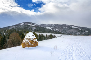 Winter landscape with a haystack on the background of snow-capped mountains and pine forest