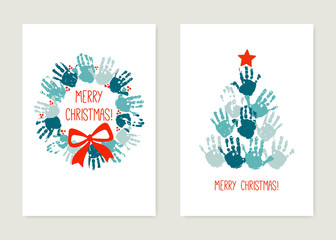 Chrismas cards to make with kids. Handprint Christmas tree with red star. Handprint Christmas wreath with red bow. Watercolor, acrylic children Christmas art. Vector illustration isolated on white.