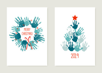 Chrismas cards to make with kids. Handprint Christmas tree with red star. Handprint Christmas wreath with red bow. Watercolor, acrylic children Christmas art. Vector illustration isolated on white.