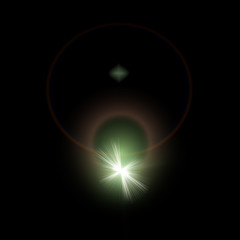 Isolated realistic lens flare visual effect on black night background. Space star. 