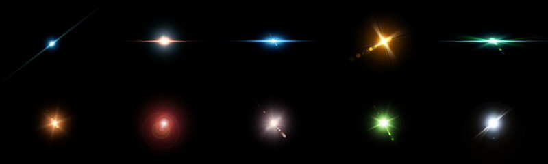 Isolated realistic lens flare visual effect on black night background. Space star. 