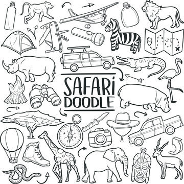 Safari Africa Animals Traditional Doodle Icons Sketch Hand Made Design Vector