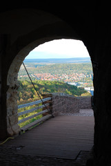 Obraz premium Wartburg castle near Eisenach: drawbridge, the city of Eisenach in the valley