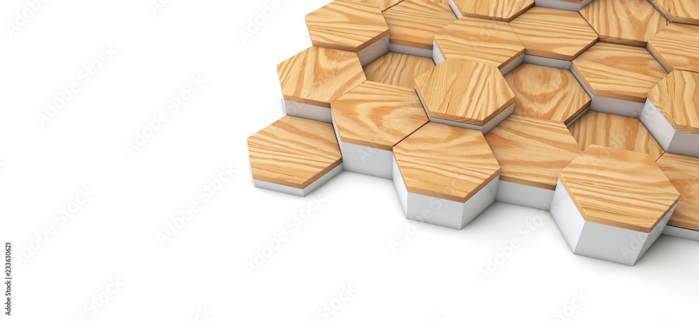 Poster geometric wooden hexagon pattern background. 3d rendering