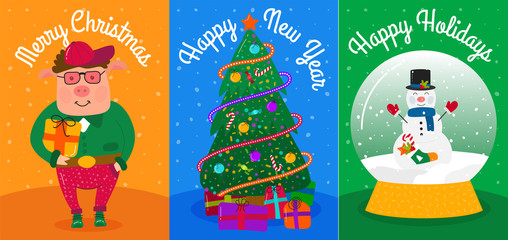 Set of funny cute cartoon pig. Greeting cards Merry Christmas and New Year 2019. Year of the pig. Illustration Concept