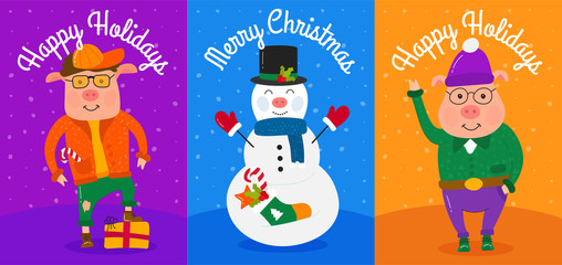 Set of funny cute cartoon pig. Greeting cards Merry Christmas and New Year 2019. Year of the pig. Illustration Concept