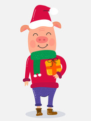 Funny cute cartoon pig. Greeting cards Merry Christmas and New Year 2019. Year of the pig. Illustration Concept