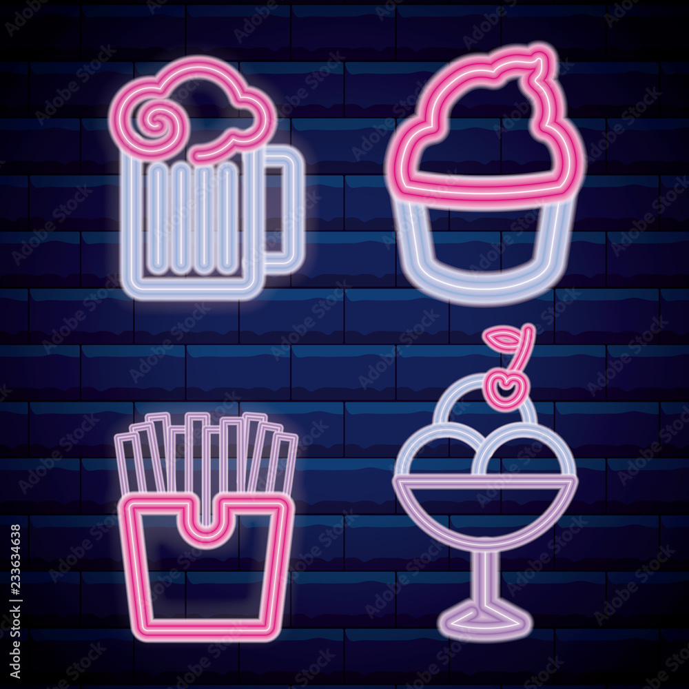 Poster set fast food with drink neon light label