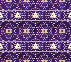 Gold violet seamless sacred geometry pattern. Golden sacral geometric occult cosmic line art signs for fabric prints, surface textures, cloth design, wrapping. EPS10 vector gradient mesh backdrop