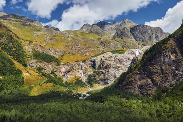 Mountain landscape with small waterfall and river