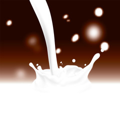Abstract realistic milk drop with splashes on brown chocolate color background with blurred falling or flying drops. Vector illustration
