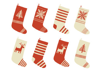 Christmas stockings. Various traditional colorful and ornate holiday stockings or socks collection. Cartoon New Year vector eps 10 illustration isolated on white background in a flat style.
