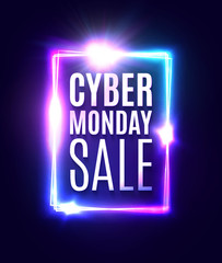 Cyber Monday sale text in neon laser rectangle background. Shining square sign on dark blue backdrop with explosion firework. Banner or flyer design template. Light vector illustration.