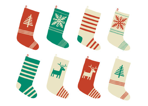 Christmas stockings. Various traditional colorful and ornate holiday stockings or socks collection. Cartoon New Year vector eps 10 illustration isolated on white background in a flat style.