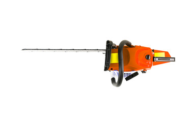 New red chainsaw top view isolated on white background