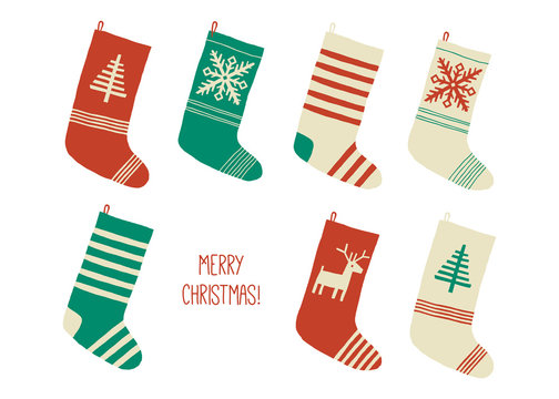 Holiday Merry Christmas card. Christmas stocking. Holiday socks set. Cartoon New Year vector eps 10 illustration isolated on white background in a flat style.
