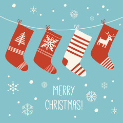 Christmas Socks background. Various Christmas socks hanging on a rope. Christmas card. Cartoon vector hand drawn eps 10 illustration isolated on white background in a flat style.