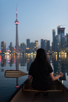 Toronto at night from a boeat
