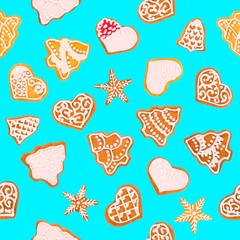 Seamless pattern square shape from Christmas gingerbreads and sweet cookies, isolated on blue background
