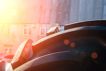 Clean new modern tractor or harvester tire. Close up view of surface