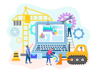 Concept of website development, construction crane and gears symbolize the workflow