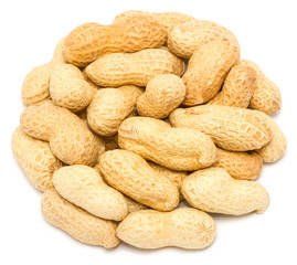Handful of peanut (Arachis hypogaea) in the shell, close up, isolated on white background