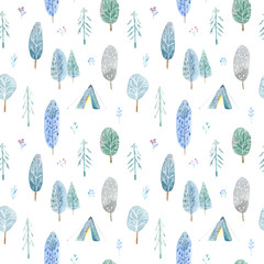 Seamless pattern of a camping in the woods.Tent, trees, bonfire, plants and floral.Landscape tourism.Watercolor hand drawn illustration.White background.