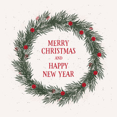 Lovely Christmas and New Year's Eve Card. Light Beige Background. Green Christmas Tree Sprigs. Circle Shape Frame Made of Christmas Tree Branches. Red Berries Among Twigs. Bright Design.