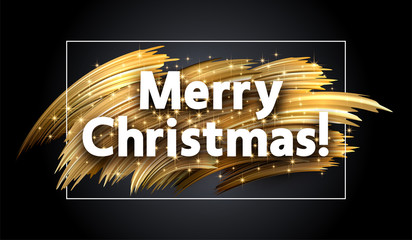 Merry Christmas shiny greeting card with golden brush strokes.