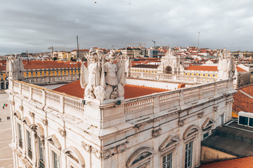 LISBON, PORTUGAL - 08/20/2018 - Aerial view of the famous Praca do Comercio (Commerce Square) - one...