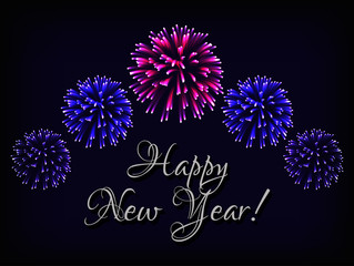 Happy New Year greeting card template with text and bright colorful fireworks