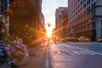 Foto op Canvas Colorful New York City street scene with flowers and sunset © deberarr