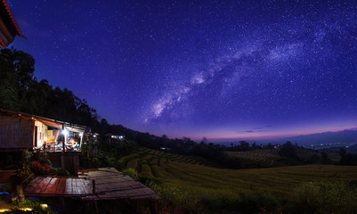 The Milky Way galaxy on the rice field on the mountain.Long exposure photograph, with grain.Image...
