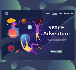 Website page templates with design space adventure. Landing page shows a galaxy with people. vector illustration