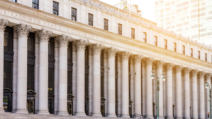Rows of columns align the entrance to the historic New York City Post Office building in Manhattan