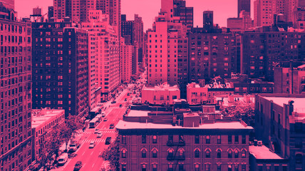 Panoramic overhead view of Midtown New York City in pink and blue