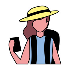 traveler woman wiyh mobile and backpack