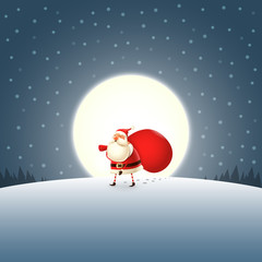 Cute Santa Claus walking with gifts bag on dark blue moonlight landscape