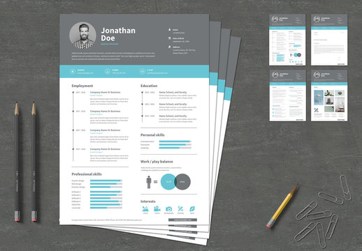 Resume and Cover Letter Layouts with Gray Header and Blue Accents
