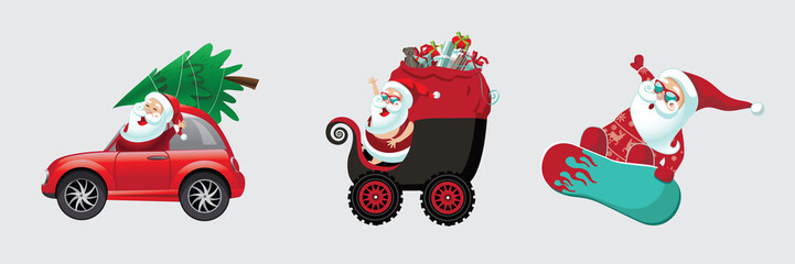 Christmas cartoon Santa Claus in different modes of transportation. Eps10 vector illustration.