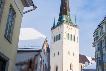 Winter. Old Town of Tallinn, Estonia, on a clear sunny day. St. Olaf's Church close-up