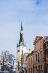 Winter. Old Town of Tallinn, Estonia, on a clear sunny day. St. Olaf's Church close-up