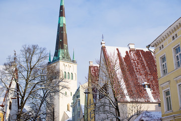 Winter. Old Town of Tallinn, Estonia, on a clear sunny day. St. Olaf's Church close-up