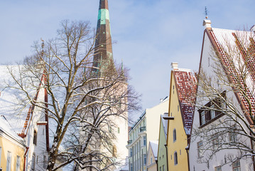 Winter. Old Town of Tallinn, Estonia, on a clear sunny day. St. Olaf's Church close-up