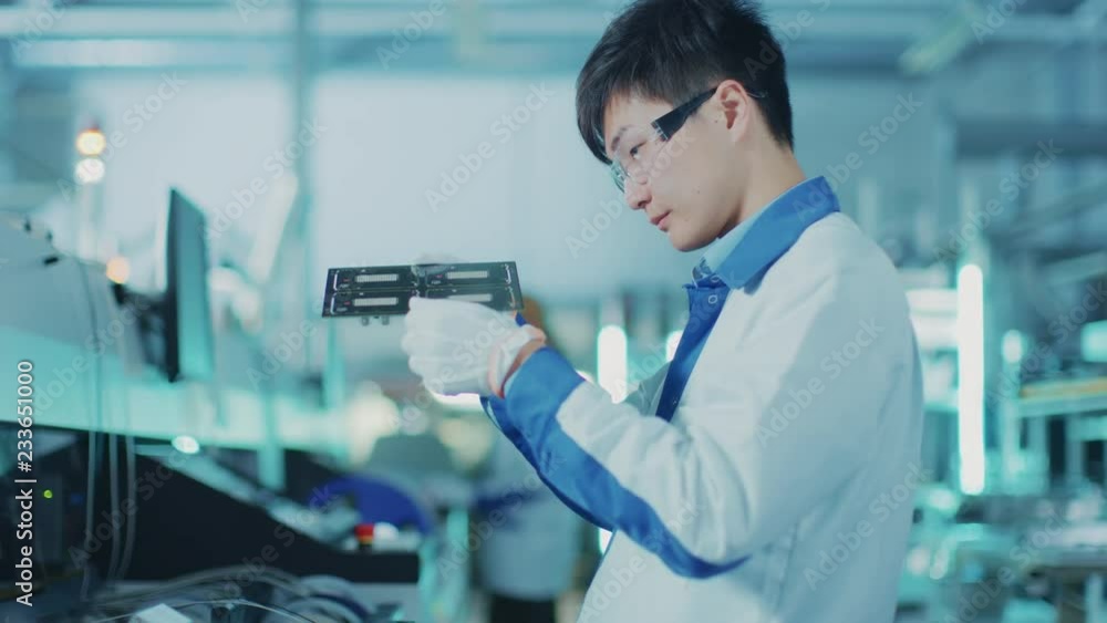 Poster high-tech factory: quality control engineer checks electronic printed circuit board it for damages. 