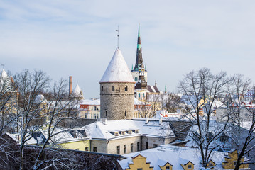 Winter. Old Town of Tallinn, Estonia, on a clear sunny day. City towers and St. Olaf's Church...