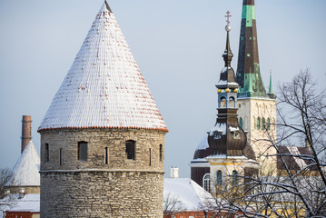 Winter. Old Town of Tallinn, Estonia, on a clear sunny day. City towers and St. Olaf's Church...