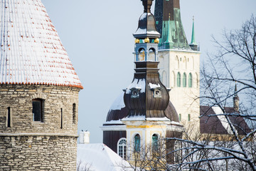 Winter. Old Town of Tallinn, Estonia, on a clear sunny day. City towers and St. Olaf's Church...
